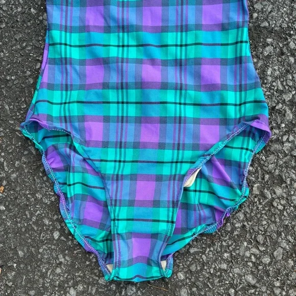 Vintage Sirena Ruffled Plaid Multicolor One Piece High Cut Swimsuit Size 0 - Picture 4 of 6